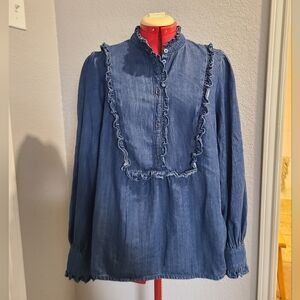 Boden Blue Button Down Shirt with Ruffle Trim
